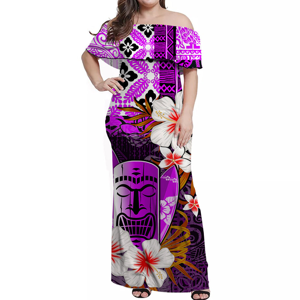 Hawaii Tiki Off Shoulder Long Dress Purple Style LT6 Long Dress Purple - Polynesian Pride