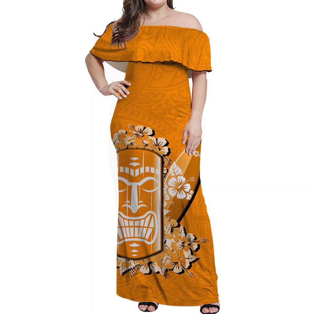 Hawaii Tiki Off Shoulder Long Dress Polynesian Orange Style LT6 Long Dress Orange - Polynesian Pride