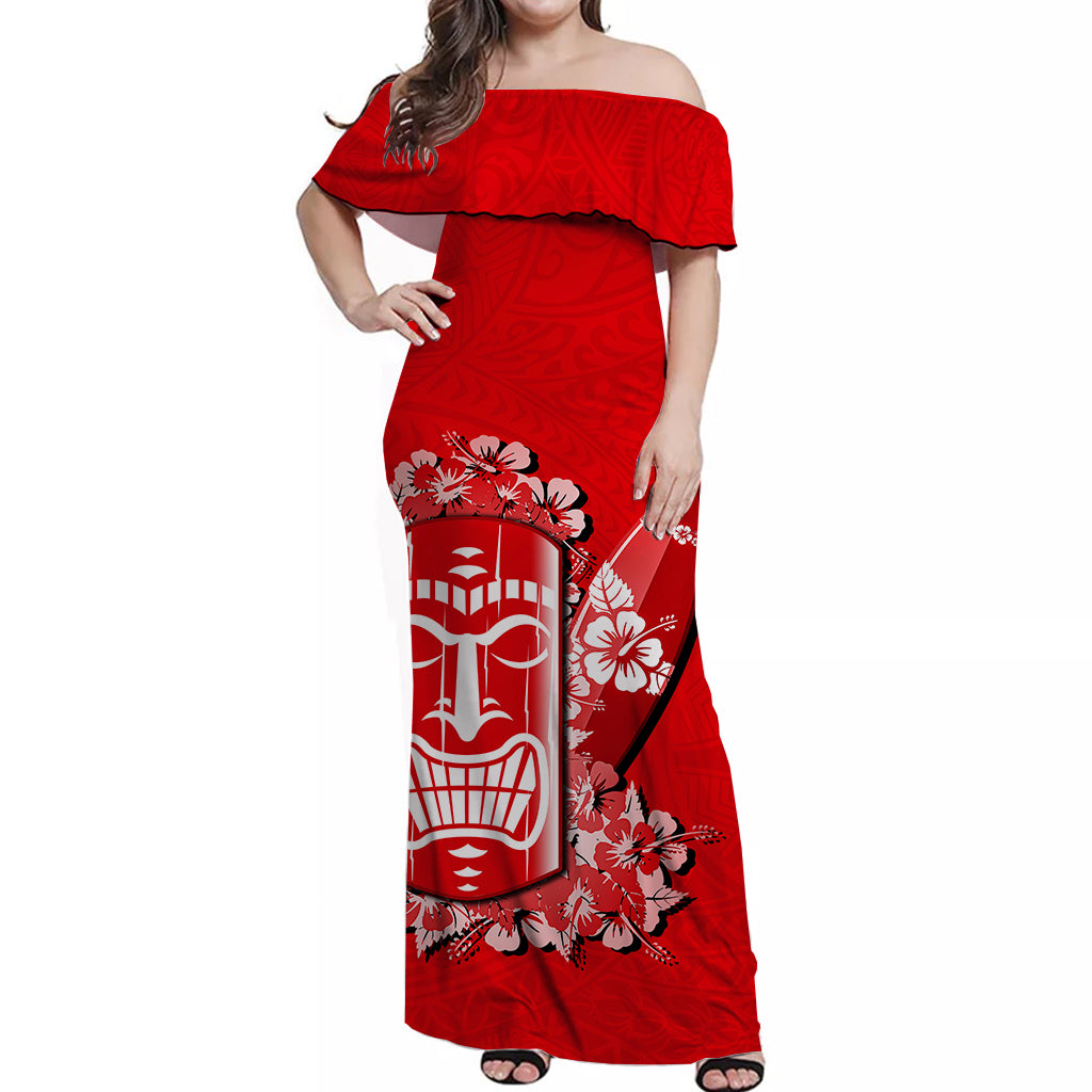 Hawaii Tiki Off Shoulder Long Dress Polynesian Red Style LT6 Long Dress Red - Polynesian Pride