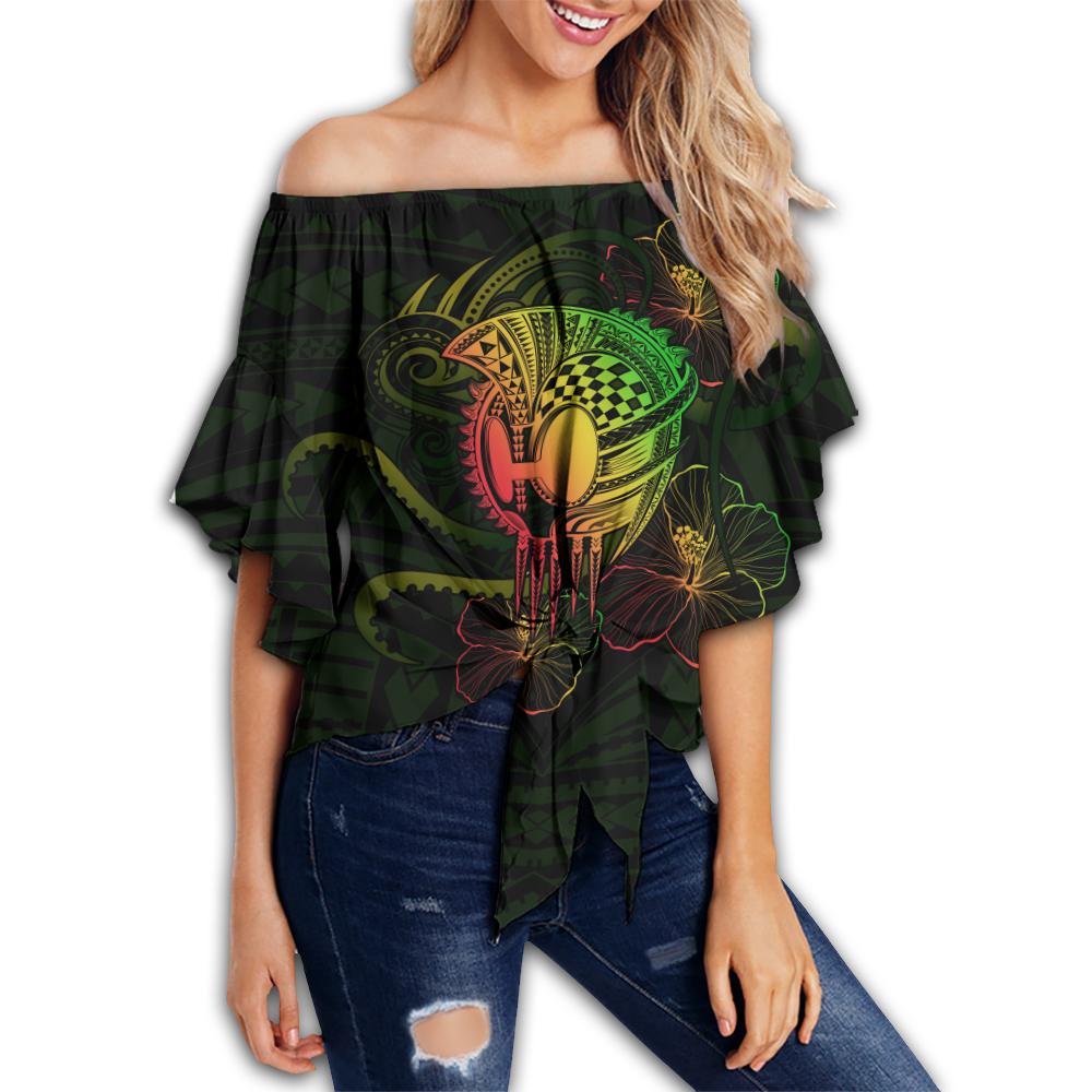 Hawaii Warrior Hibiscus Polynesian Off Shoulder Waist Wrap Top - Flo Style - AH Female Green - Polynesian Pride