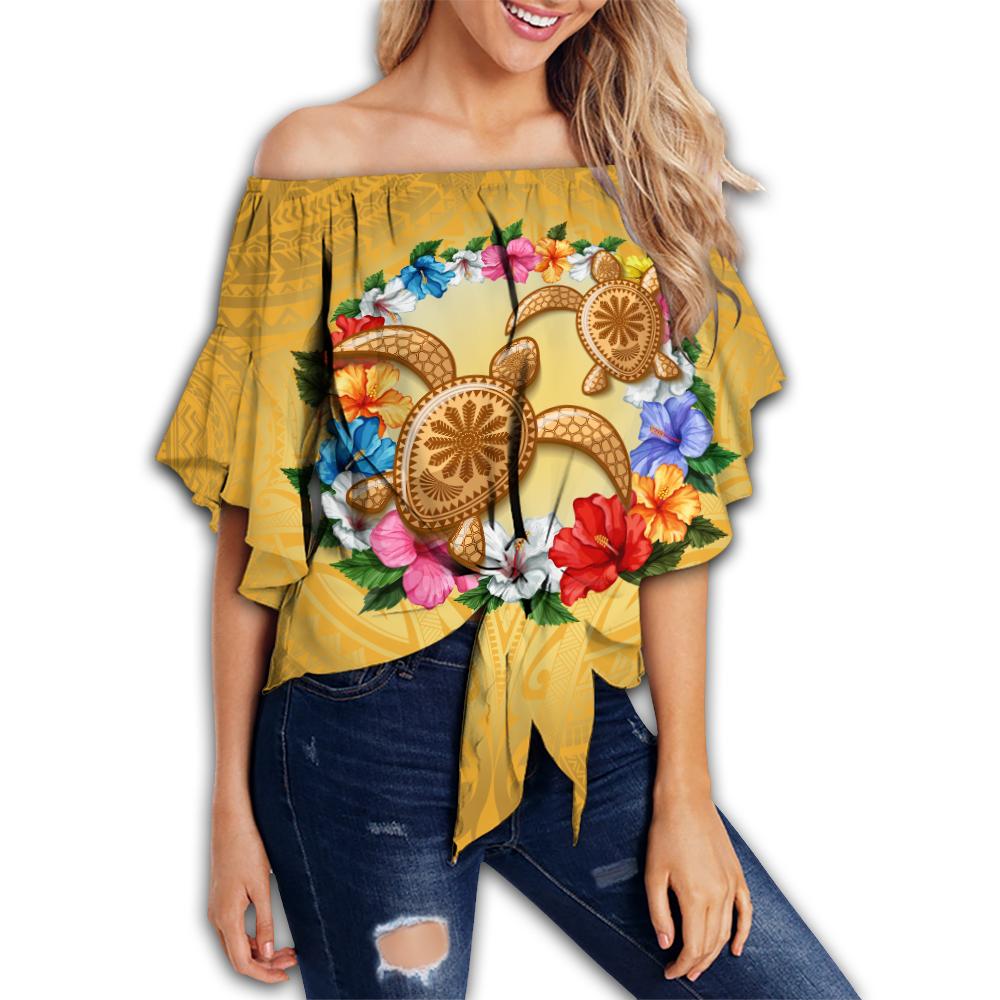 Hawaii Turtle Hibiscus Wreath Polynesian Off Shoulder Waist Wrap Top - Crown Style - AH Female Gold - Polynesian Pride