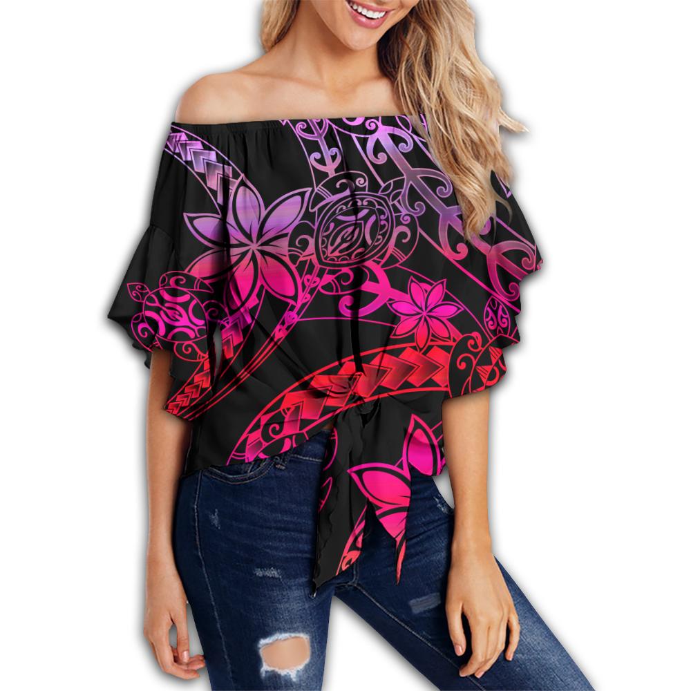 Hawaii Polynesian Turtles Plumeria Off Shoulder Waist Wrap Top - Warm Colors - AH Female Pink - Polynesian Pride