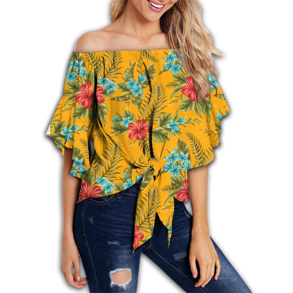 Hawaii Hibiscus Plumeria Tropical Off Shoulder Waist Wrap Top - Spring Style - AH Female Yellow - Polynesian Pride