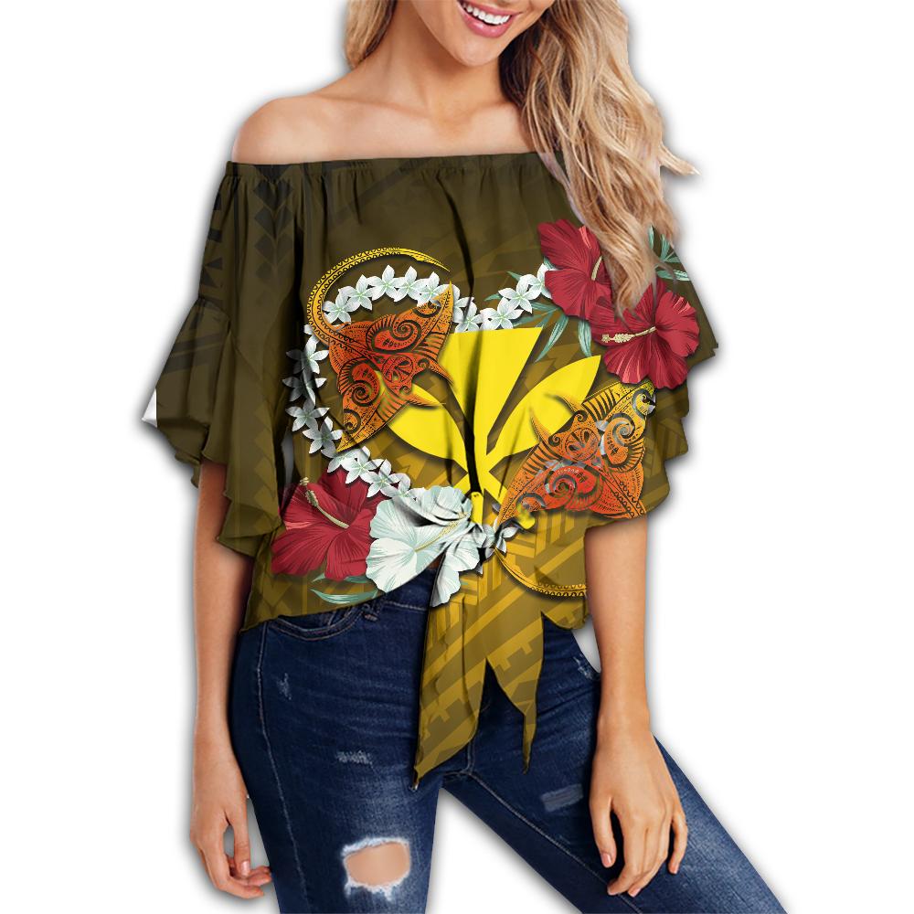 Kanaka Manta Ray Plumeria Heart Polynesian Off Shoulder Waist Wrap Top - Sea Flower - AH Female Black - Polynesian Pride