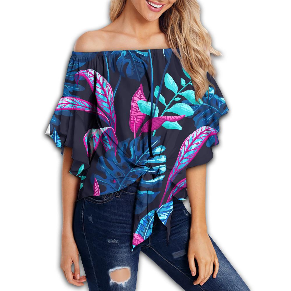 Products Hawaii Tropical Leaf Off Shoulder Waist Wrap Top - Fresh - AH Female Blue - Polynesian Pride