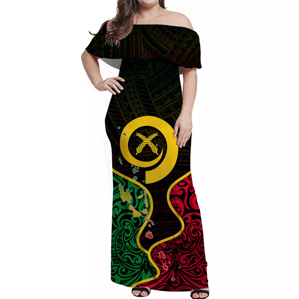Vanuatu Off Shoulder Long Dress Flag Special Style LT6 Women Black - Polynesian Pride