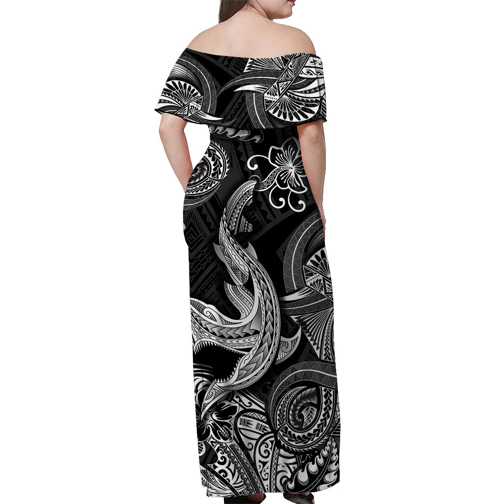 Hawaii Angry Shark Polynesian Off Shoulder Long Dress Unique Style - Black LT8 - Polynesian Pride