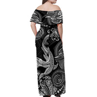 Hawaii Angry Shark Polynesian Off Shoulder Long Dress Unique Style - Black LT8 - Polynesian Pride
