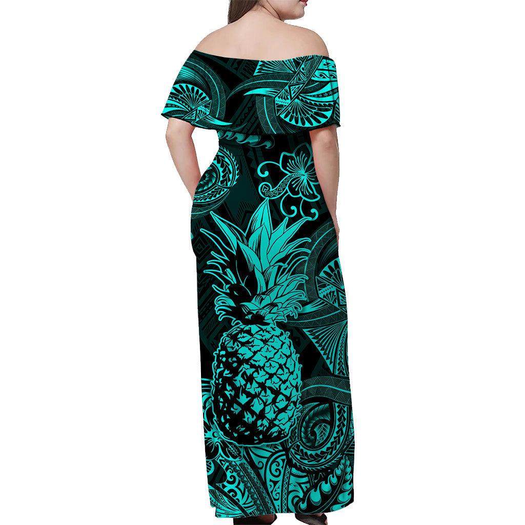 Hawaii Pineapple Polynesian Off Shoulder Long Dress Unique Style - Turquoise LT8 - Polynesian Pride