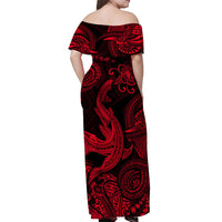 Hawaii Angry Shark Polynesian Off Shoulder Long Dress Unique Style - Red LT8 - Polynesian Pride