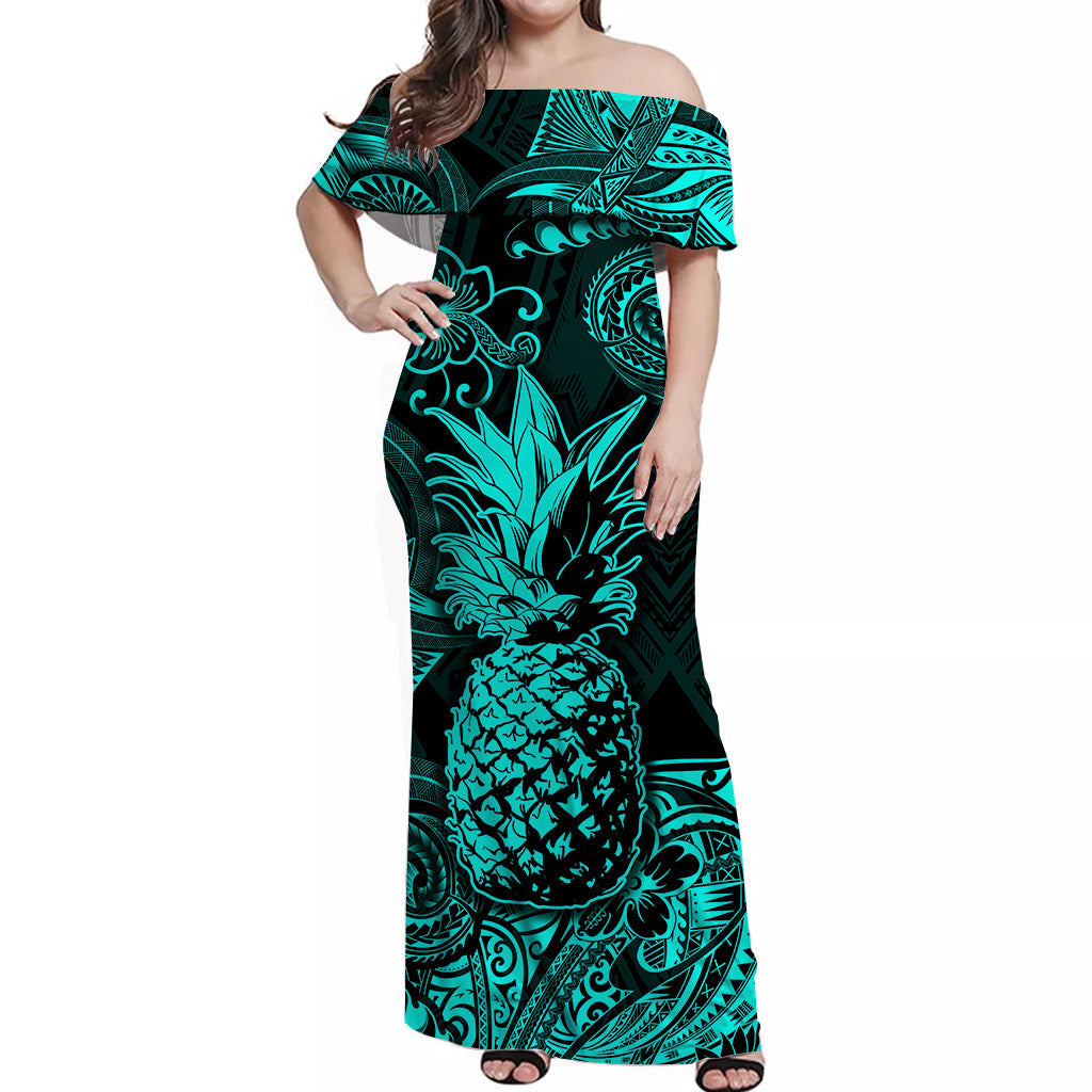 Hawaii Pineapple Polynesian Off Shoulder Long Dress Unique Style - Turquoise LT8 Women Turquoise - Polynesian Pride