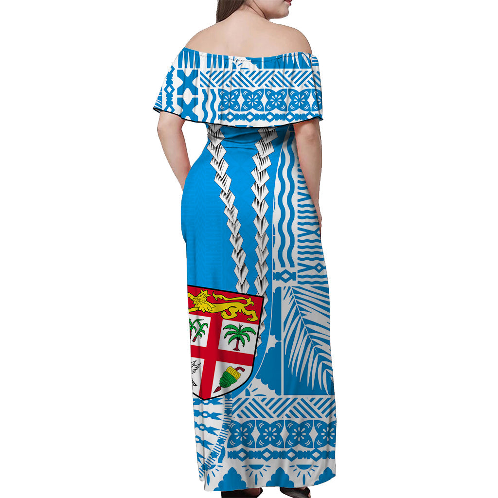 Fiji Off Shoulder Long Dress Masi Tapa Patterns Blue Style LT6 Women Blue - Polynesian Pride