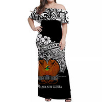 (Custom Personalised) Papua New Guinea Off Shoulder Long Dress Bird Of Paradise White Color LT6 Women Black - Polynesian Pride