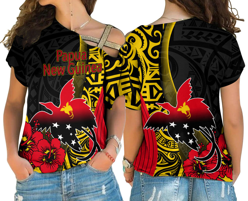 Papua New Guinea Cross Shoulder Shirt Vibe Style LT6 Female Black - Polynesian Pride