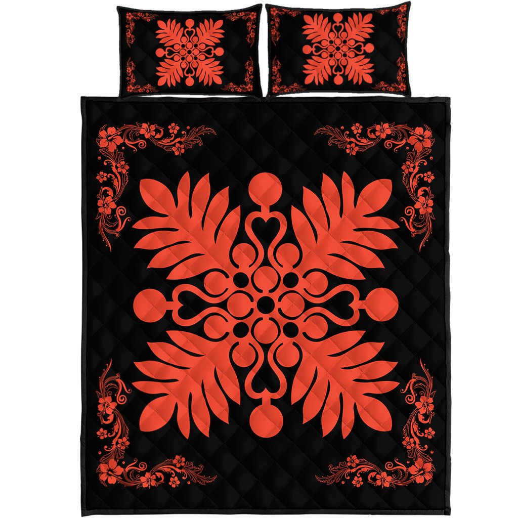 Hawaiian Quilt Maui Plant And Hibiscus Pattern Quilt Bed Set - Orange Black - AH Orange - Polynesian Pride