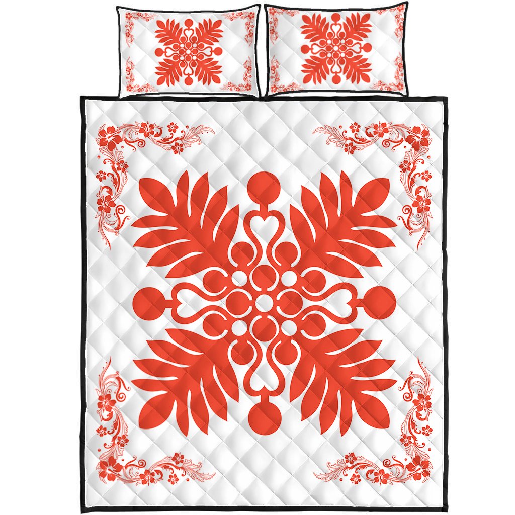 Hawaiian Quilt Maui Plant And Hibiscus Pattern Quilt Bed Set - Orange White - AH Orange - Polynesian Pride