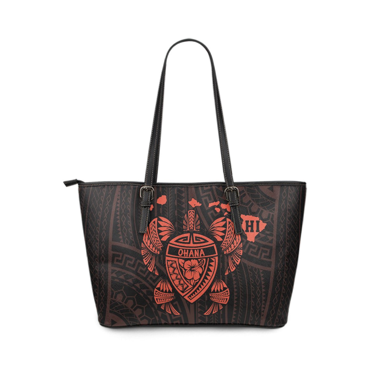 Hawaii Kakau Polynesian Ohana Turtle Map Small Leather Tote - Orange Orange - Polynesian Pride