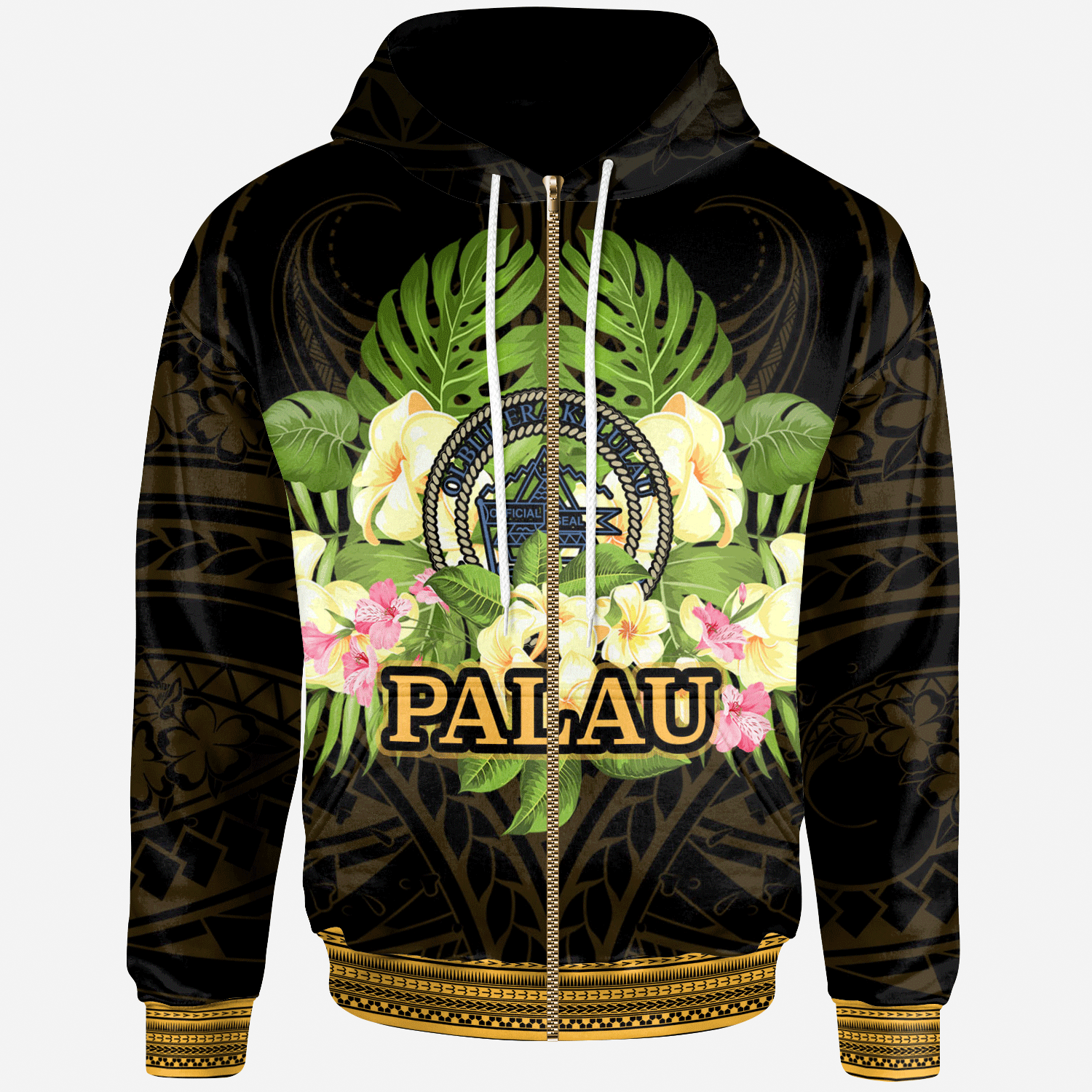 Palau Zip Hoodie Polynesian Gold Patterns Collection Unisex Black - Polynesian Pride