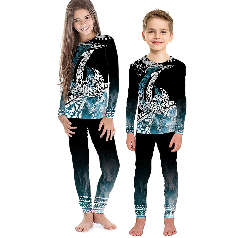Polynesian Pajama Set KID Ocean Waves Style - Fish Hook LT7 Black - Polynesian Pride
