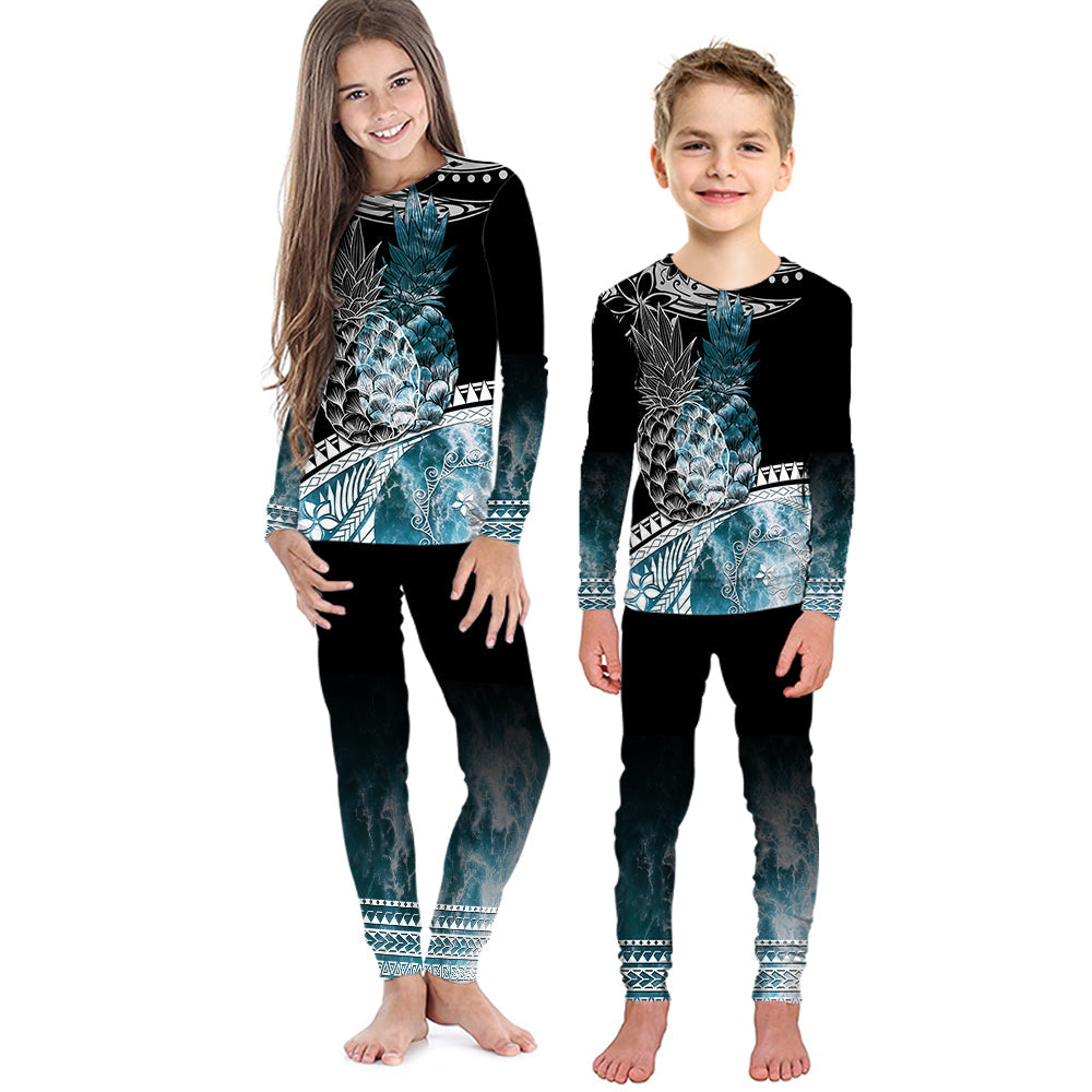 Polynesian Pajama Set KID Ocean Waves Style - Pineapple LT7 Black - Polynesian Pride