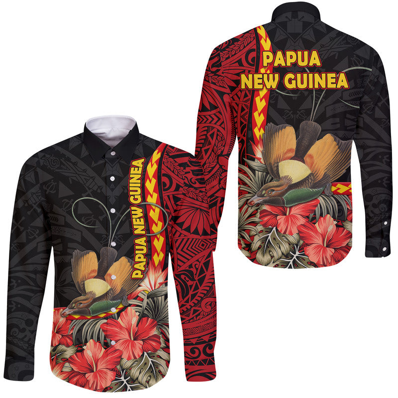 Papua New Guinea Hawaii Long Sleeve Button Shirt Unique Bird With Tropical Vintage Plant LT9 Unisex Black - Polynesian Pride