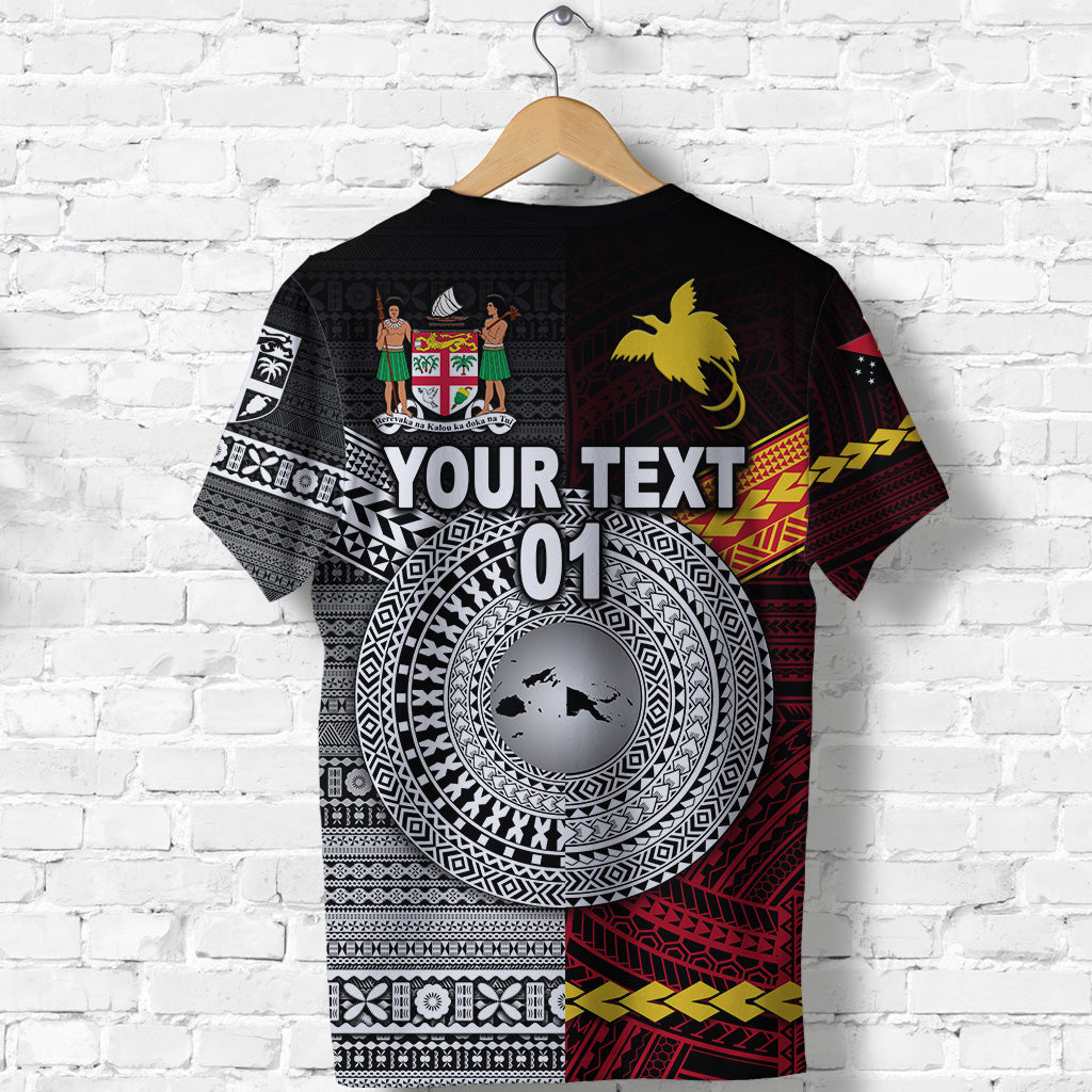 Custom Papua New Guinea Polynesian and Fiji Tapa Together T Shirt Black, Custom Text and Number LT8 - Polynesian Pride