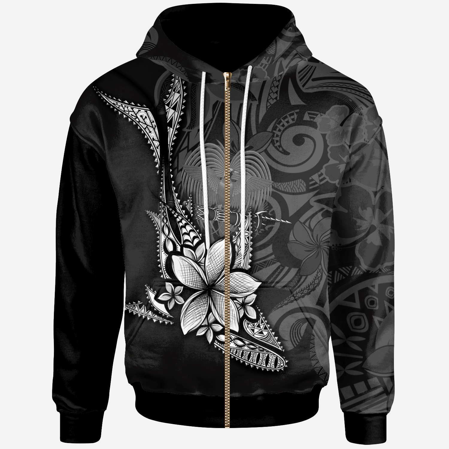 Papua New Guinea Zip Hoodie Fish With Plumeria Flowers Style Unisex Black - Polynesian Pride