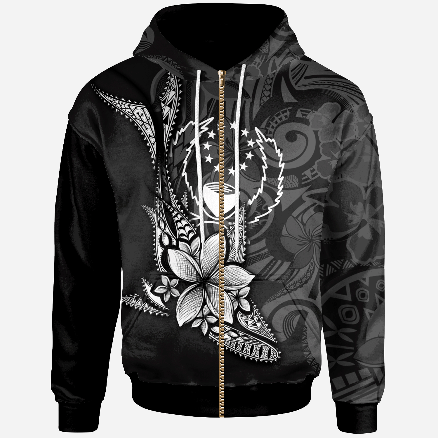 Pohnpei Zip Hoodie Fish With Plumeria Flowers Style Unisex Black - Polynesian Pride