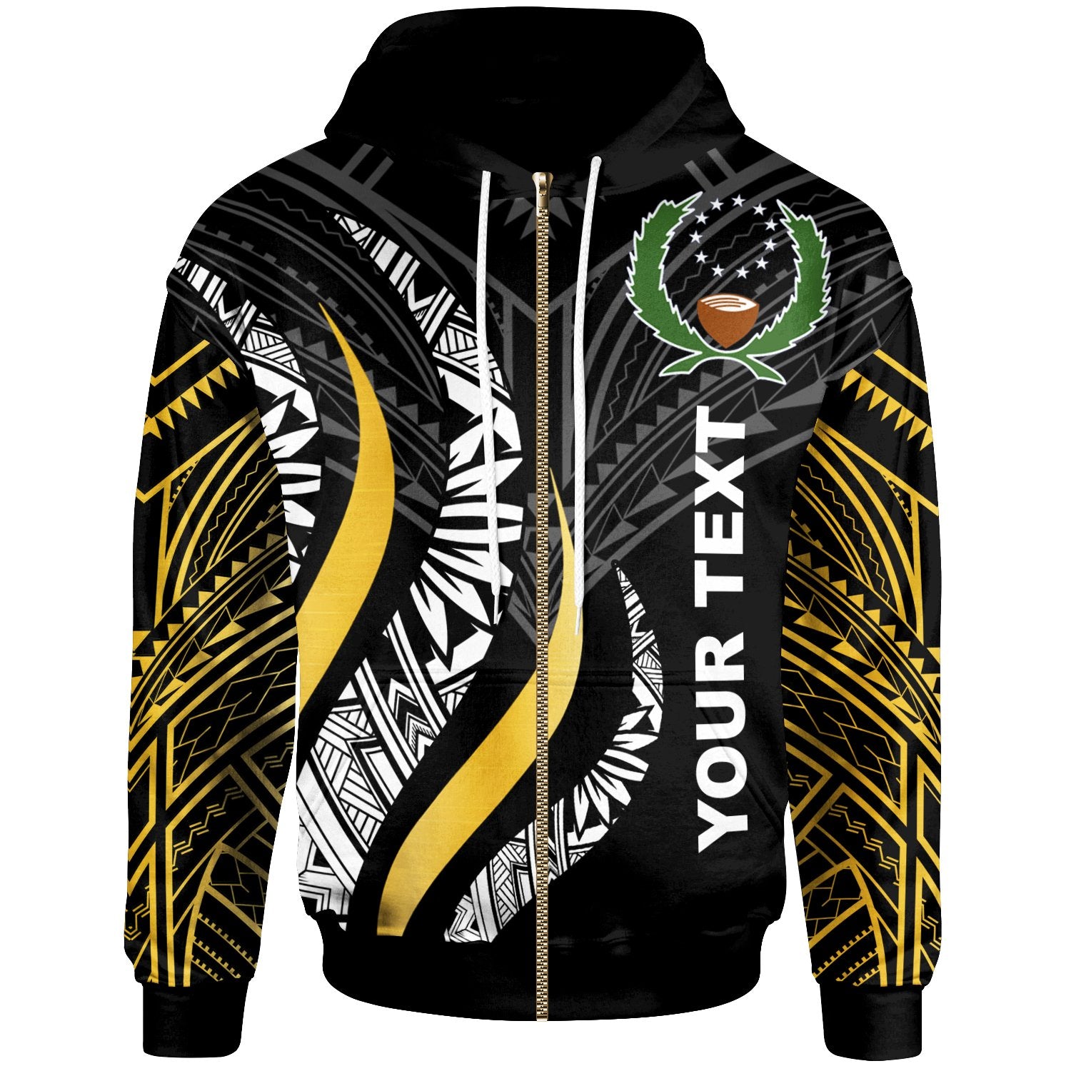 Pohnpei Custom Zip Hoodie Pohnpei Strong Fire Pattern Gold Unisex Black - Polynesian Pride