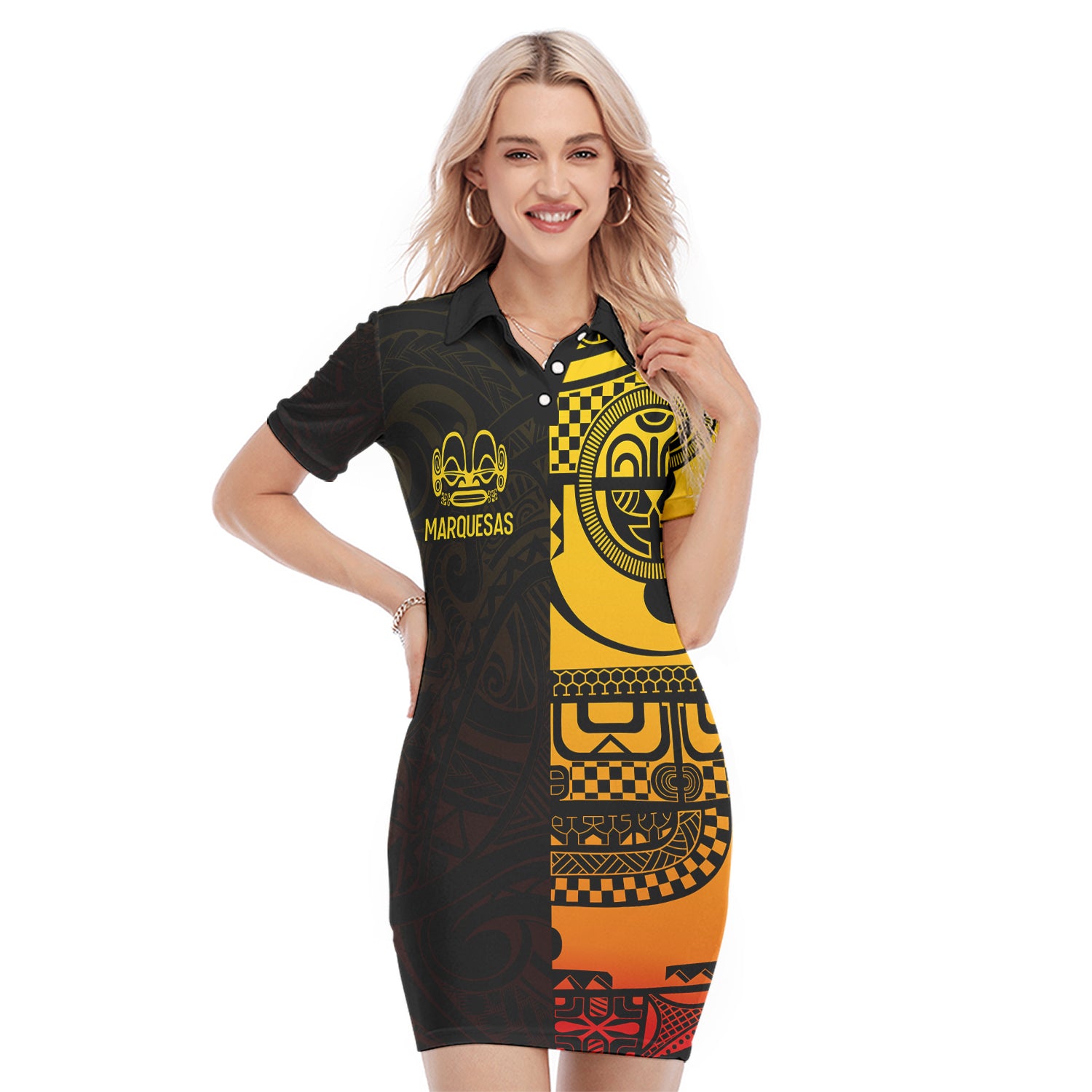 Marquesas Islands Tiki Polo Dress Gradient Marquesan Tattoo LT13 Black - Polynesian Pride