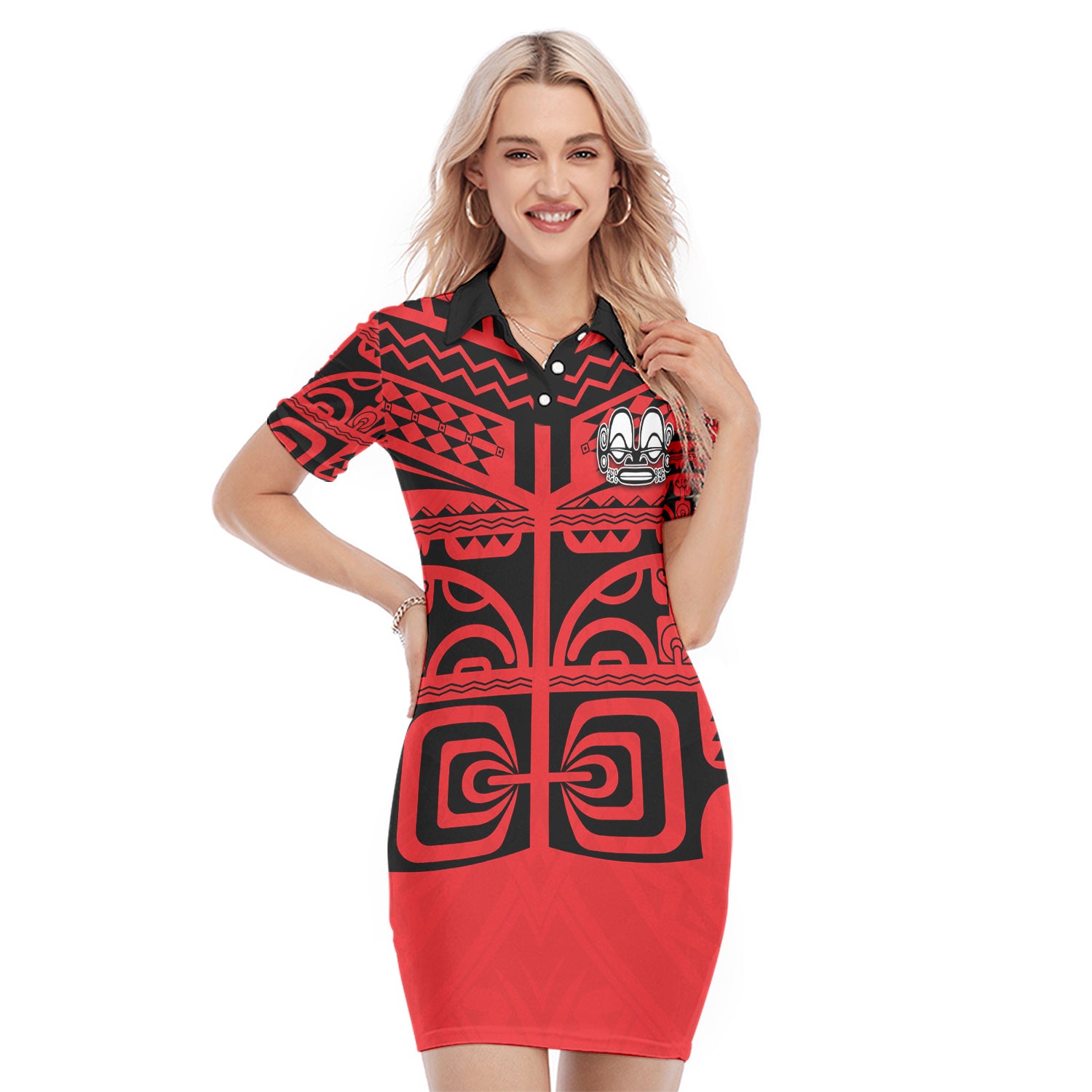 Marquesas Islands Polo Dress - Marquesas Tattoo LT13 Red - Polynesian Pride