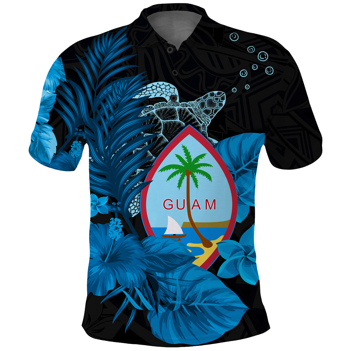 Custom Guam Seal Polo Shirt Polynesian Turtle with Flowers Version Blue LT13 - Polynesian Pride