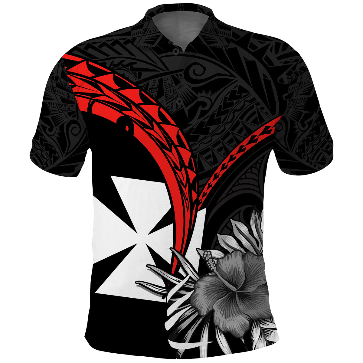 Custom Wallis et Futuna Polo Shirt Polynesian Pattern and Hibiscus Flowers Version Black LT13 - Polynesian Pride