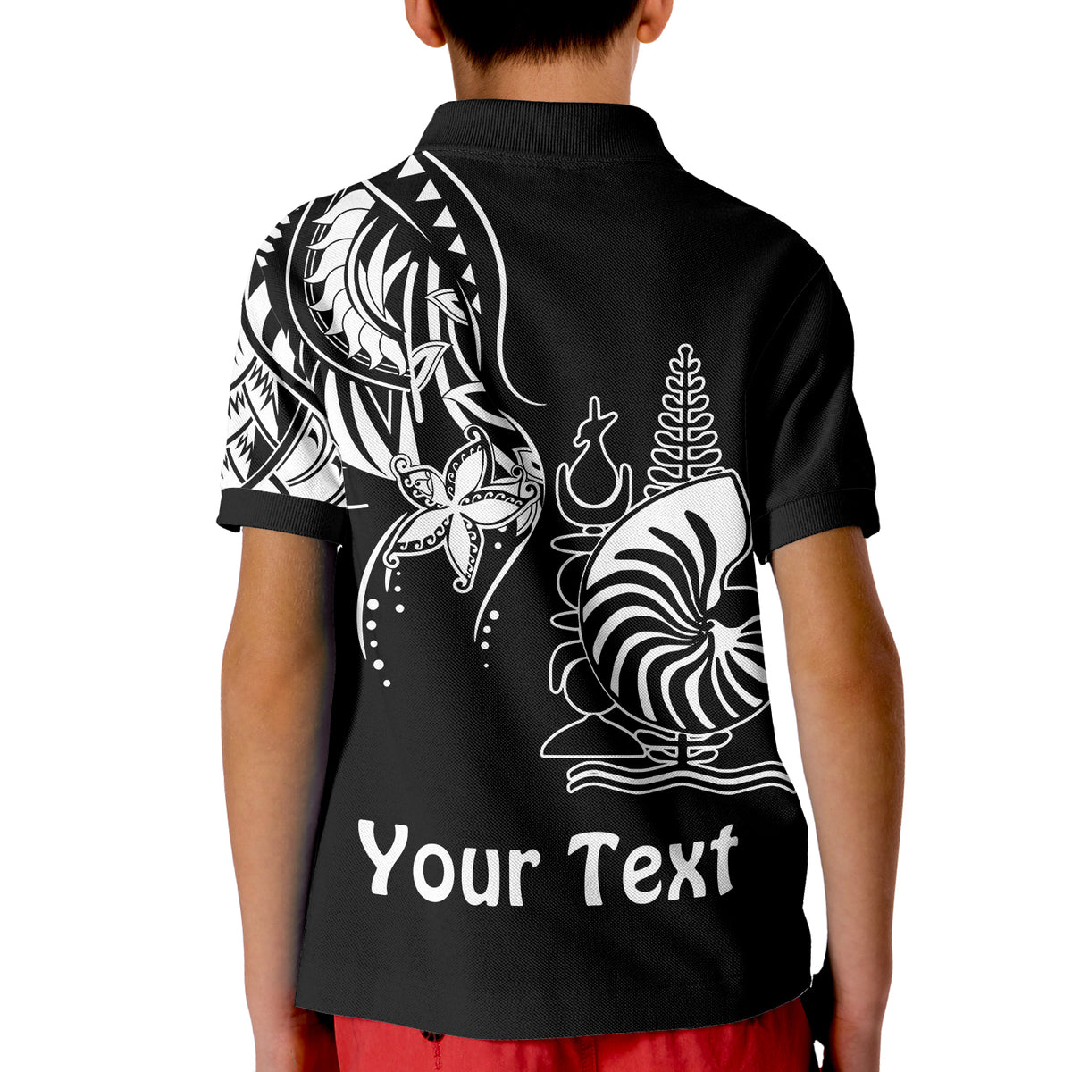 (Custom Personalised) New Caledonia Polo Shirt KID Emblem Nautilus Shell Version Black LT13 - Polynesian Pride
