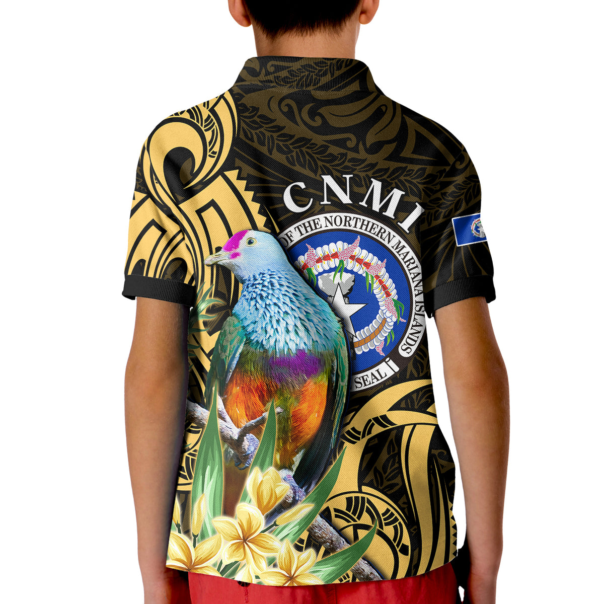 (Custom Personalised) Northern Mariana Islands Polo Shirt KID Mariana Fruit Dove Mix Frangipani Flowers Gold LT13 - Polynesian Pride
