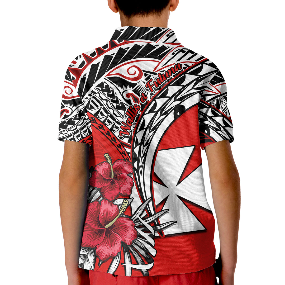 Wallis et Futuna Polo Shirt KID Polynesian Pattern and Hibiscus Flowers Version Red LT13 - Polynesian Pride