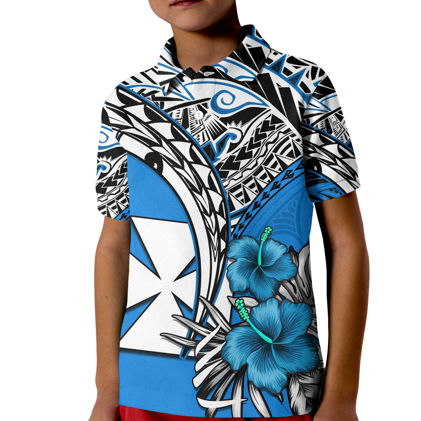 Wallis et Futuna Polo Shirt KID Polynesian Pattern and Hibiscus Flowers Version Blue LT13 Unisex Blue - Polynesian Pride