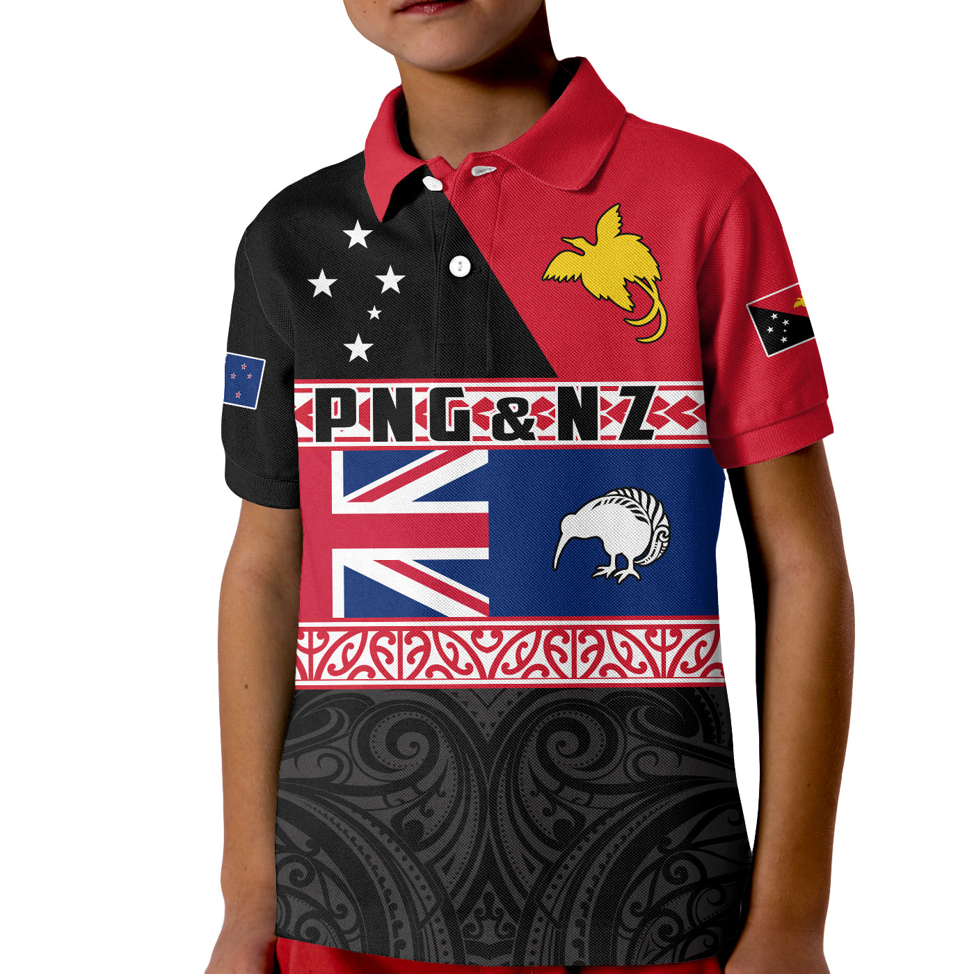 Papua New Guinea and New Zealand Polo Shirt KID Maori PNG and NZ LT13 Unisex Black - Polynesian Pride