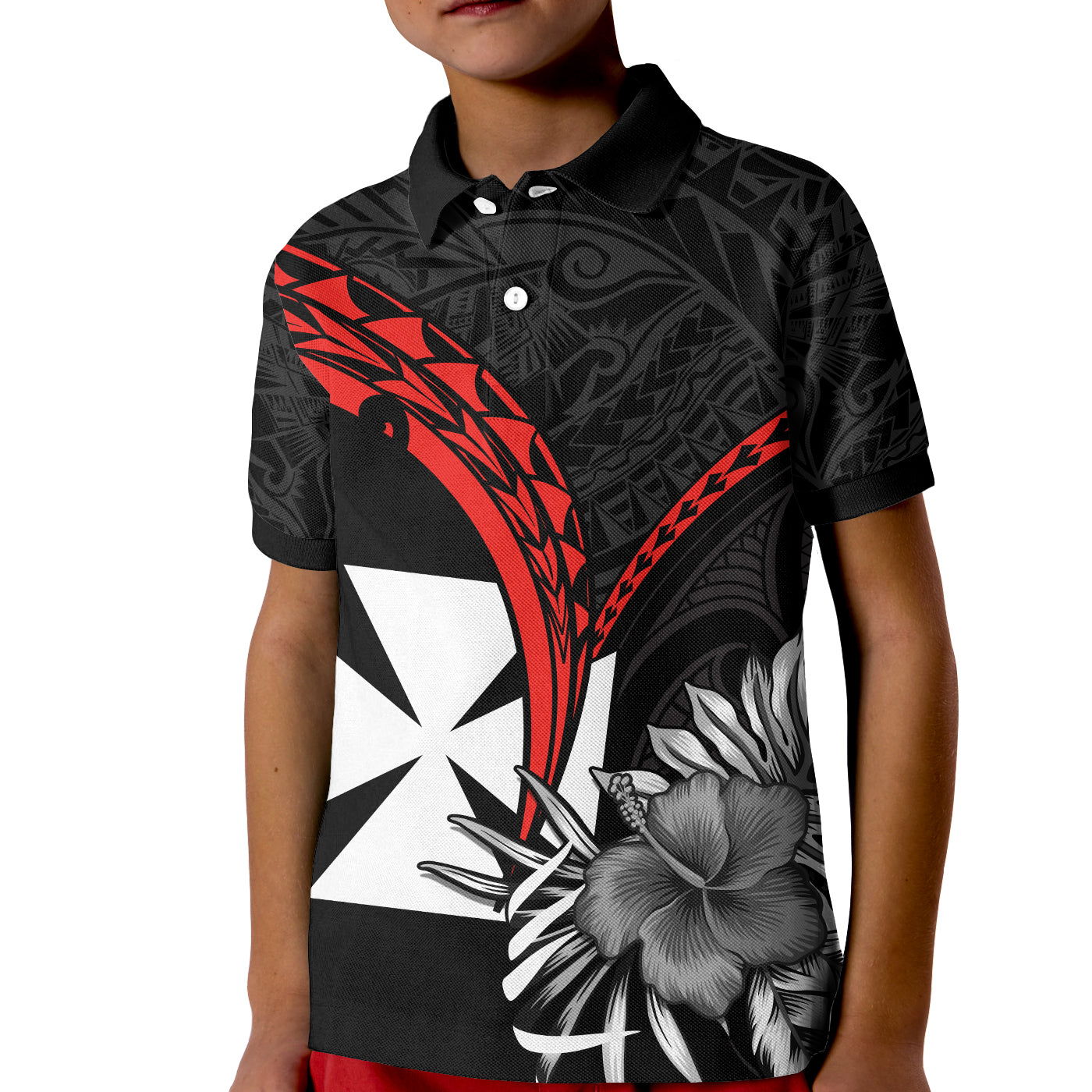 Wallis et Futuna Polo Shirt KID Polynesian Pattern and Hibiscus Flowers Version Black LT13 Unisex Black - Polynesian Pride