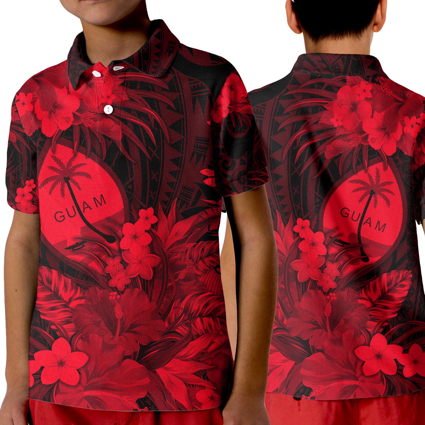 Guam Polynesian Polo Shirt KID Tropical Flowers - Red LT8 - Polynesian Pride