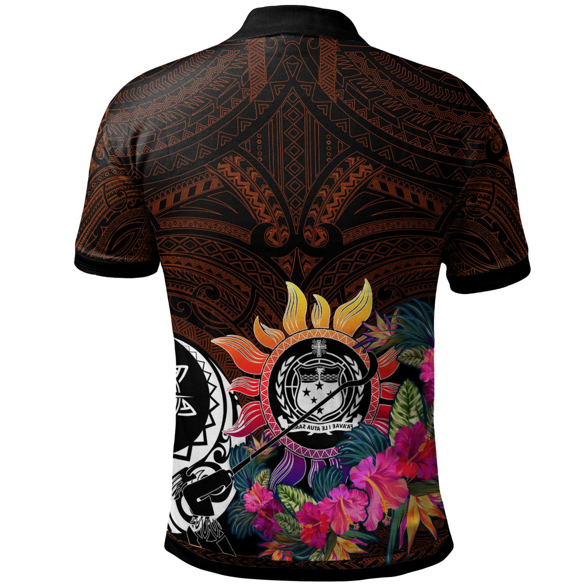 Custom Polynesian Polo Shirt Samoa Coat Of Arm with Flowers and Polynesian Patterns - Polynesian Pride