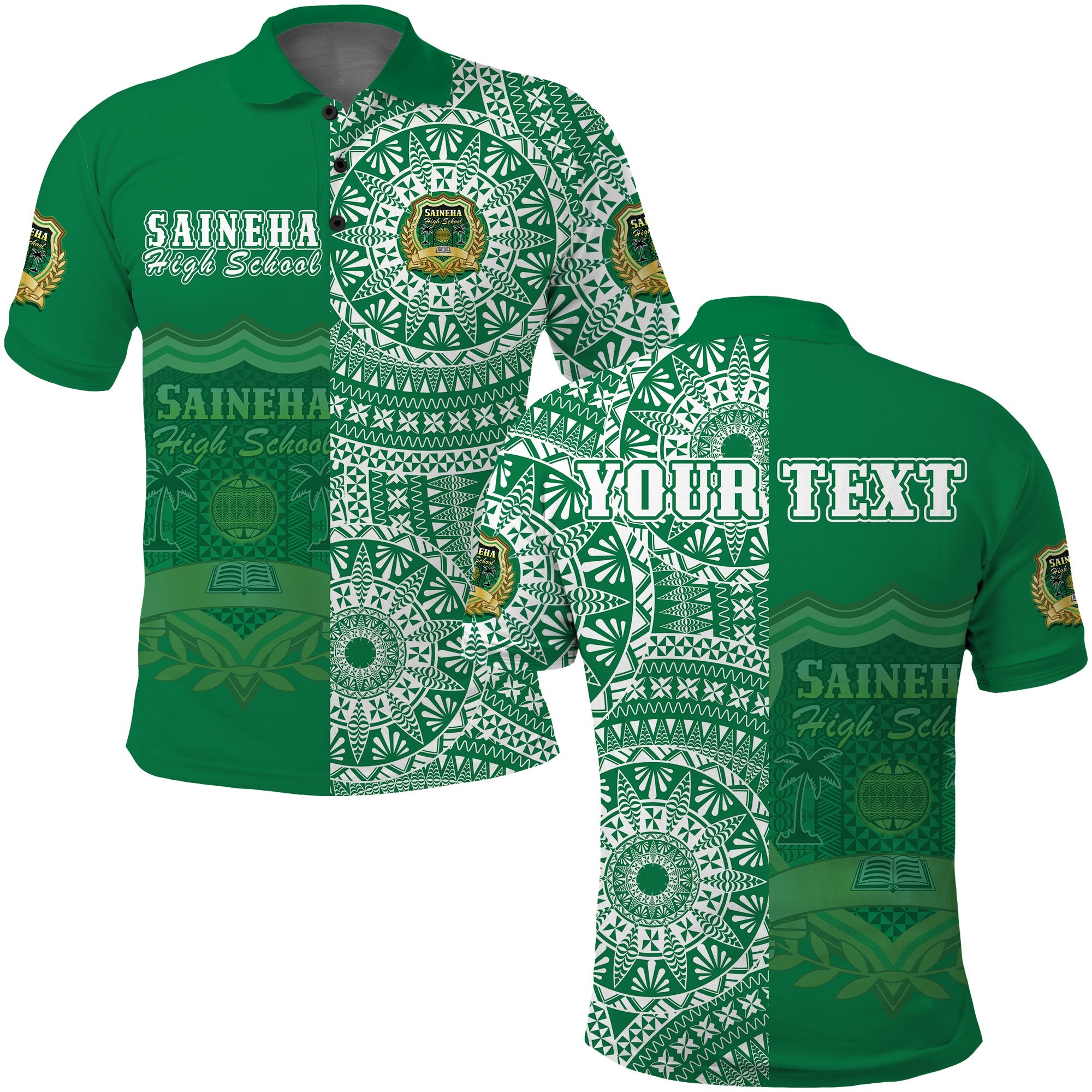 Custom Tonga Saineha High School Polo Shirt Tongan Ngatu Pattern LT14 Adult Green - Polynesian Pride