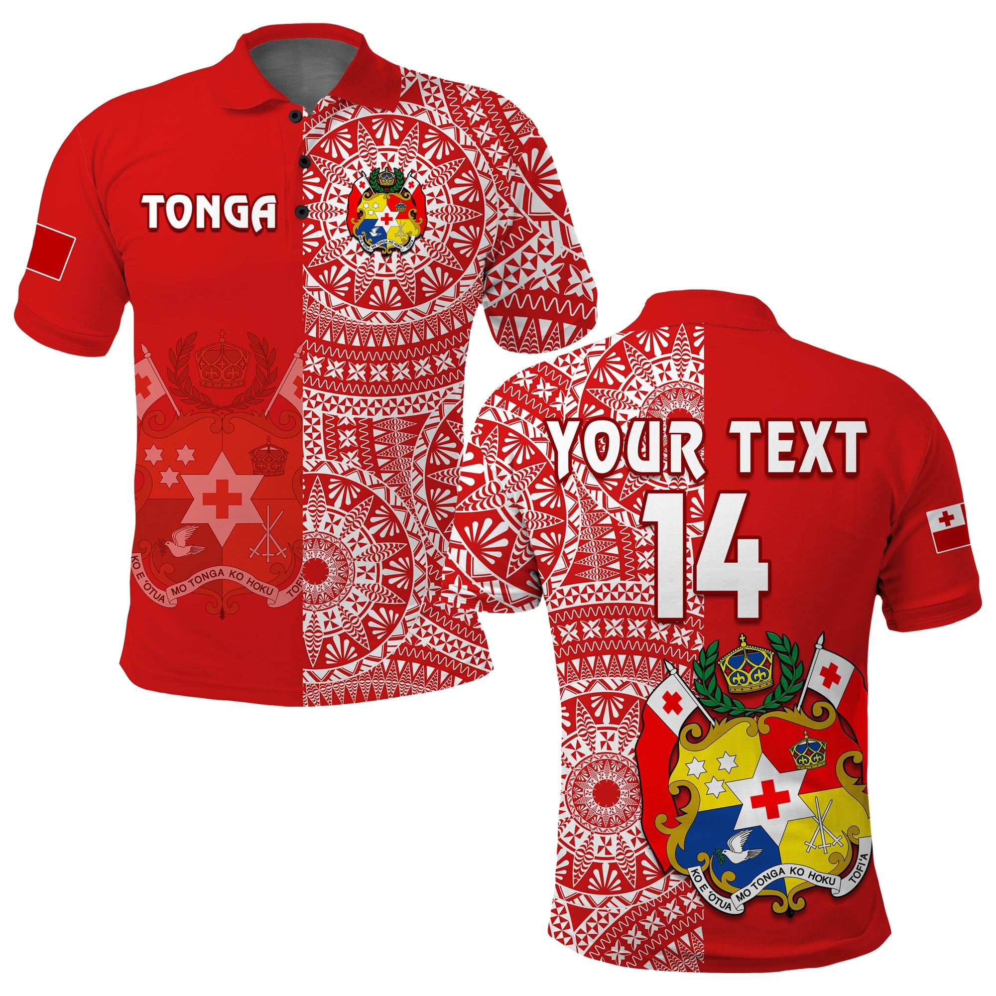 (Custom Text and Number) Tonga Polo Shirt Tongan Coat Of Arms Ngatu Pattern LT14 Adult Red - Polynesian Pride