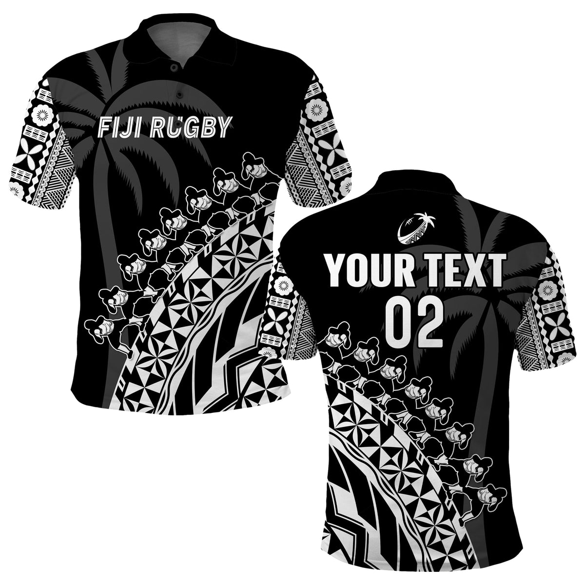 (Custom Text and Number) Fiji Rugby Polo Shirt Fijian Cibi Dance Tapa Pattern Black LT14 Adult Black - Polynesian Pride