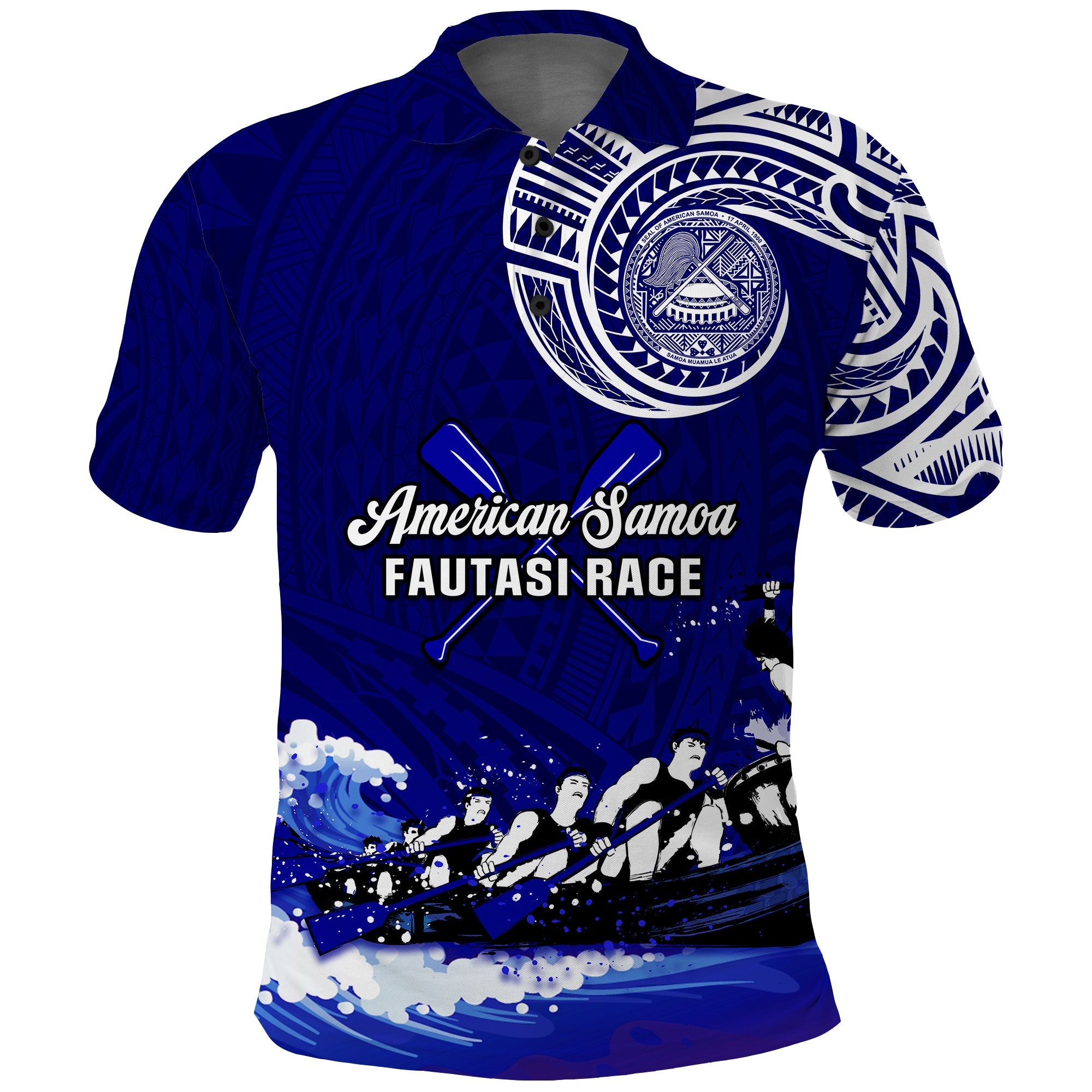 Custom American Samoa Polo Shirt Fautasi Race Samoan Pattern Ver.01 LT14 Blue - Polynesian Pride