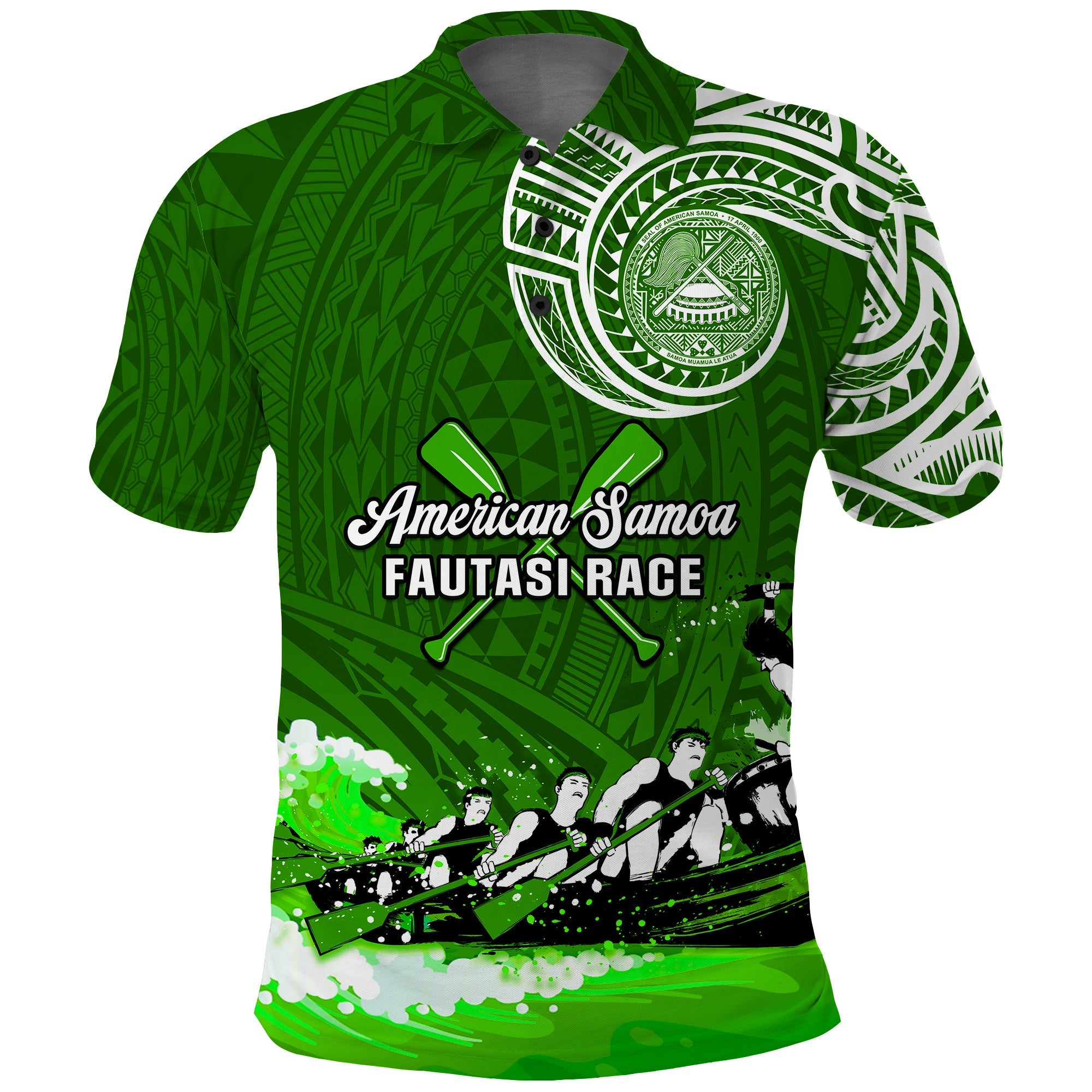 Custom American Samoa Polo Shirt Fautasi Race Samoan Pattern Ver.02 LT14 Green - Polynesian Pride