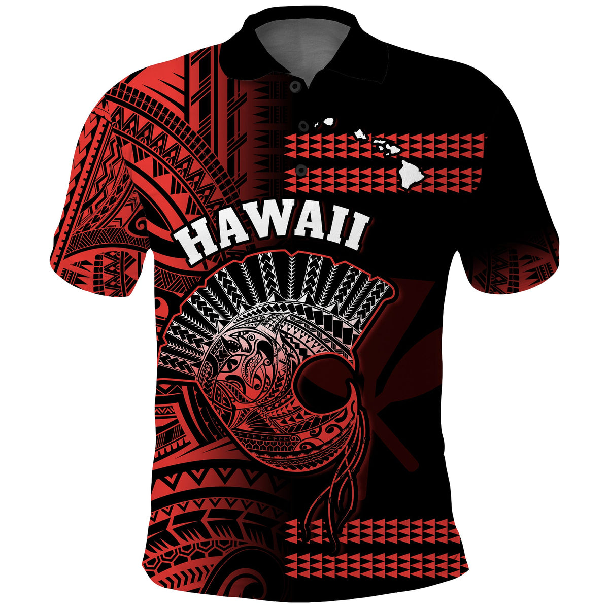 Hawaii Polo Shirt Kakau Warrior Helmet Gradient Red Polynesian LT14 Red - Polynesian Pride