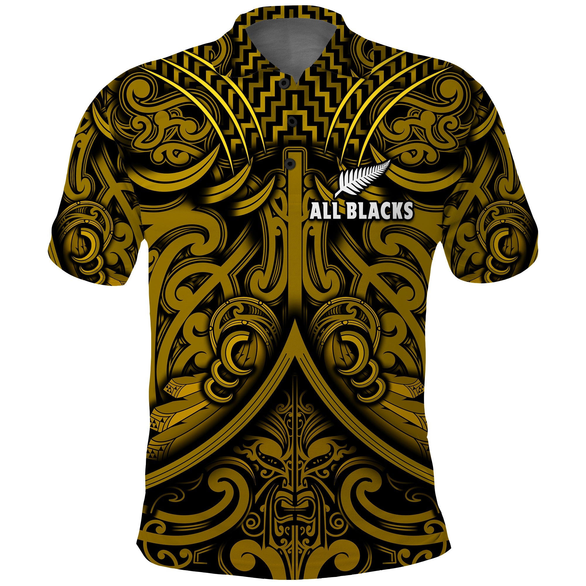 (Custom Text and Number) New Zealand Silver Fern Rugby Polo Shirt All Black Gold NZ Maori Pattern LT13 Gold - Polynesian Pride