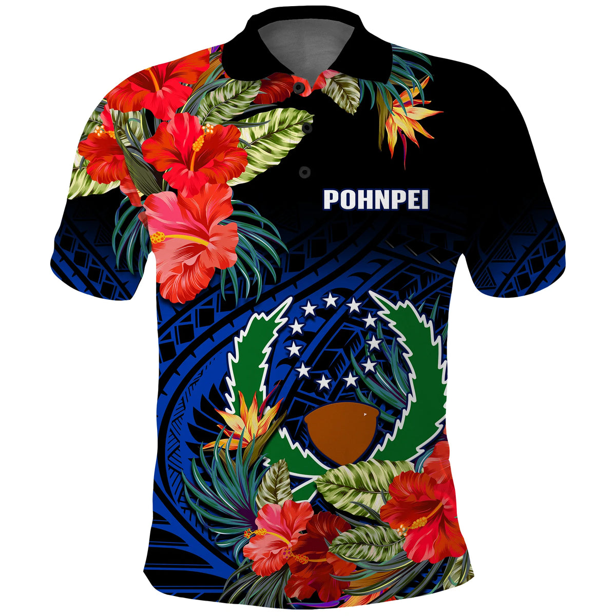 Custom Pohnpei State Polo Shirt FSM Hibiscus Flowers Mix Polynesian LT14 Blue - Polynesian Pride