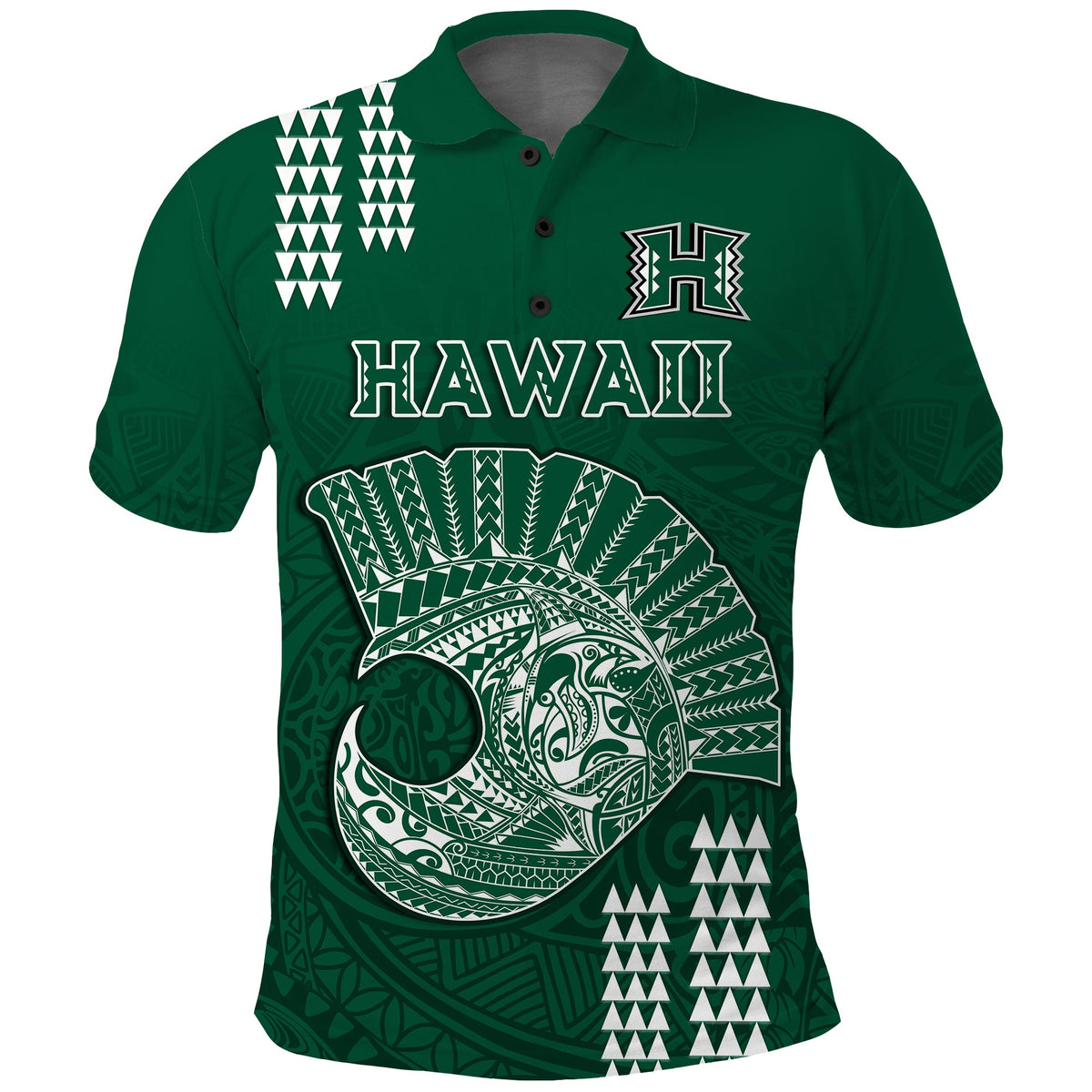 Hawaii Football Polo Shirt Kakau Rainbow Warriors Helmet LT14 Green - Polynesian Pride